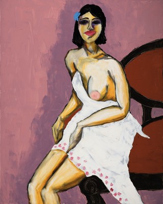 Gernot Kissel, 1939 Worms-2008, Sitzender Akt vor rosa Wand, Öl/Lwd, unsign., aus dem Nachlass des Künstlers stammend, ca. 100x80cm