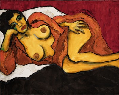 Gernot Kissel, 1939 Worms-2008, Akt auf roter Decke, Öl/Lwd, unsig., aus dem Nachlass des Künstlers stammend, ca. 80x100cm