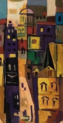 Paul Löffler, 1920 Mannheim-1995 Speyer, Stadtansicht, wohl Mannheim, unten signiert, Öl/Karton, Rahmen 88x49 cm