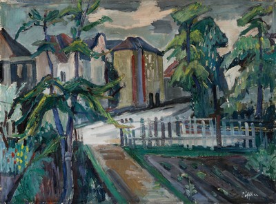 Paul Löffler, 1920 Mannheim-1995 Speyer, Blick über einen Gemüsegarten auf die Stadt, Öl/Lwd, rechts unten signiert, 70x94 cm, Rahmen 78x102 cm