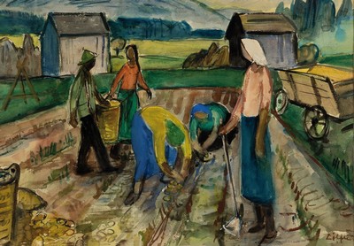 Paul Löffler, 1920 Mannheim-1995 Speyer, Aquarell, Bäuerinnen bei der Feldarbeit, rechts unten signiert, unter Glas gerahmt, 72x89 cm