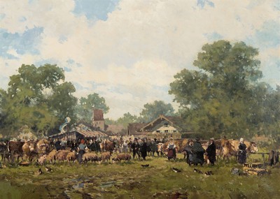 Alexander Follak, 1915 Moskau-2006 München, Viehmarkt vor dem Dorf, vielfigurige Szenerie, Öl/Lwd, rechts unten sign., ca. 50x70cm, R. ca. 64x84cm