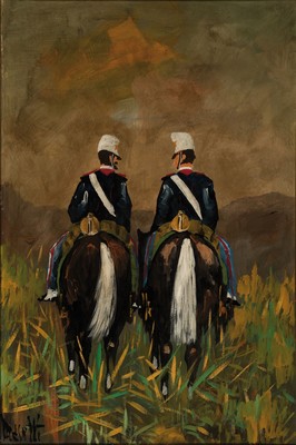 Unbekannter Traditionalist des 20. Jh., zwei reitende Soldaten, Öl/Hartfaser, links unten unleserlich signiert, ca. 60x40cm, R. ca. 78x58cm