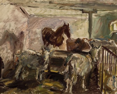 Max Slevogt, 1868 Landshut-1932 Leinsweiler, Blick in einen Stall mit Tieren, Öl/Holz, links oben signiert, ca. 53x66cm, R., wird lt. Frau Dr. ...