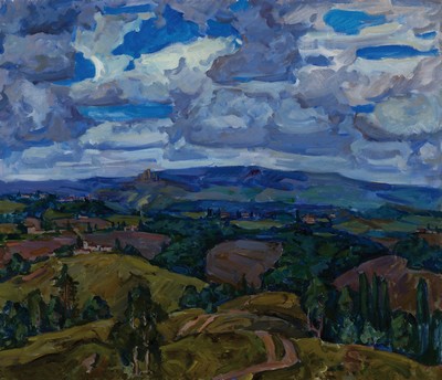 Andrei Gulyi, geb. 1964 Kiew/Ukraine, "Toscanische Weite", so auf beiliegendem Galerie-Heftchen vermerkt, 1996, Öl/Lwd, 65x75cm, Rahmen ...