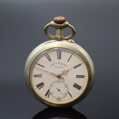 DOXA große offene Taschenuhr im Argentan- Gehäuse, Schweiz um 1905, Geh. dell., Cuvette m. Medaillengravur, Emailzifferbl. m. röm. Zahlen l. ...