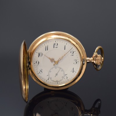 Herrensavonette in RoseG 585/000, Schweiz um 1910, Geh. dell., guill. Sprung- (m. Monogrammspiegel) u. Rückdeckel, Metallcuvette, Emailzifferbl. m. ...