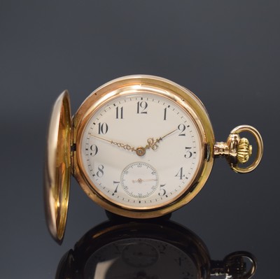 ALPINA Herrensavonette in RoseG 585/000, Schweiz um 1904, glattes 3-Deckel Goldgeh. dell., Sprungdeckel m. Monogramm, Cuvette m. Widmung, ...