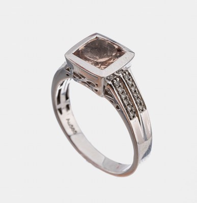 14 kt Gold Morganit-Diamant-Ring, WG 585/000, mittig mit facett. Morganit ca. 1.20 ct, Ringschultern bes. mit 24 8/8-Diamanten zus. ca. 0.12 ct ...