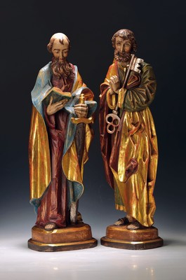 Paar Skulpturen, süddeutsch, Mitte 20. Jh., Die Apostel Paulus und Petrus, Lindenholz geschnitzt und bunt gefaßt, H. ca. 65/66cm