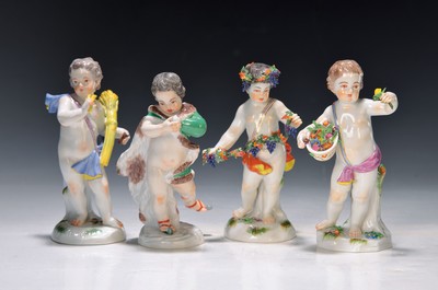 4 Porzellanfiguren, Meissen, 20. Jh., Allegorien auf die vier Jahreszeiten, Amoretten mit Blumen, Ähren (Sichel abgebrochen, aber vorhanden), ...