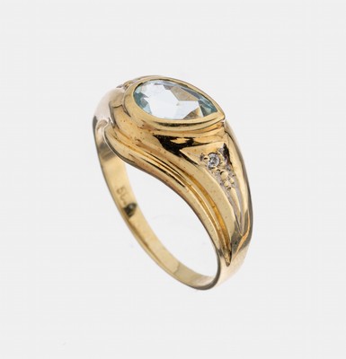 14 kt Gold Aquamarin-Brillant-Ring, GG 585/000, tropfenf. facett. Aquamarin ca. 1.00 ct, seitl. 2 Brillanten zus. ca. 0.01 ct Weiß/p, RW 58, ca. ...