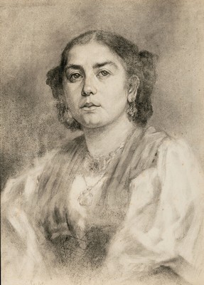 Wilhelm Leibl, Köln 1844 - 1900 Würzburg, Kohlezeichnung, Bildstudie einer Frau mit markanter demi parure, 1870er-Jahre, leicht stockfleckig, ca. ...