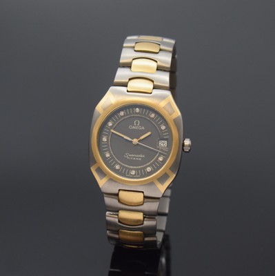 OMEGA Seamaster Polaris Armbanduhr Referenz 3961100, Schweiz um 1985, quarz, goldintarsiertes Titangeh. inkl. Gliederband in Titan/Gold m. Faltschl., ...