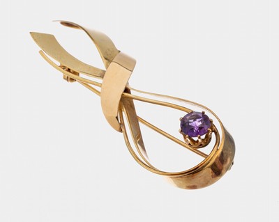 14 kt Gold Amethyst-Brosche, GG 585/000, Schleife mit rundfacett. Amethyst, L. ca. 6.5 cm, ca. 10.6 g