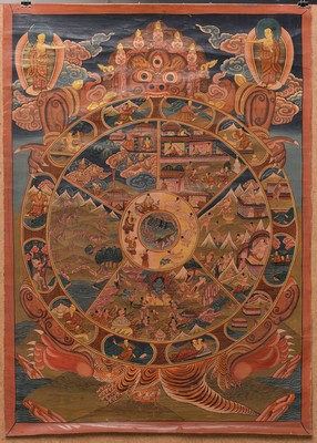 2 Thangka, Nepal/Tibet, 19./20.Jh., 1x Bhavachakra bzw. Rad des Lebens, 66x47 cm; 1x Buddha Shakyamuni mit den Erscheinungsformen des Buddhas, 56x43 ...