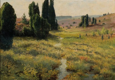James Braß, 1856 Magdeburg - 1941, Hiddensee-Heide mit Bäumen, Sommerlandschaft, Öl/Lwd, re. u. signiert und dat. 08, 36 x 50 cm, Rahmen ca. 44.5 ...