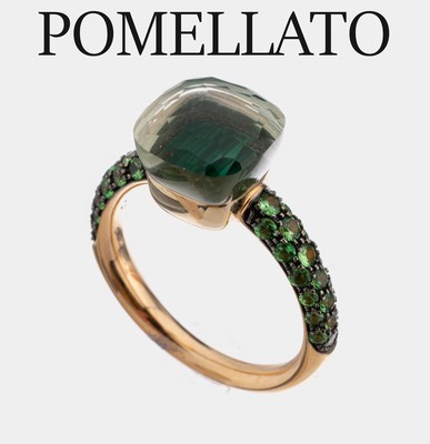 18 kt Gold POMELLATO Farbstein-Ring, RoseG 750/000, Nudo Classic, Malachit-Scheibe unter Prasiolith zus. ca. 7.30 ct, rundfacett. Tsavorite zus. ca. ...