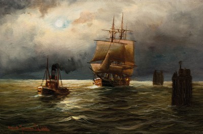 Alfred Jensen, 1859 - 1935 Hamburg,, Marinemaler, Segelschiff und Dampfschiff, in Mondlandschaft, Öl/Lwd, li. u. rot signiert und dat. 1913 ?, ca. ...
