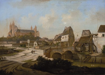 Heinrich Schuler, zugeschr., 1857 Mainz - 1885 München, Stadtansicht von Speyer mit Speyerer Dom, detailreiche Darstellung, Figurenstaffage, ältere ...