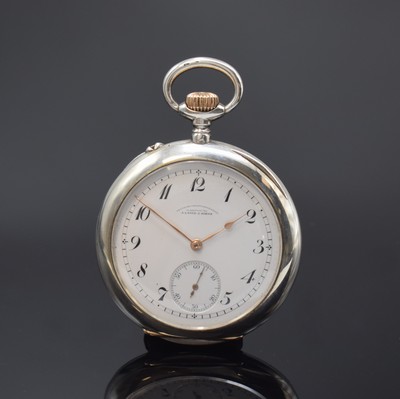 A. LANGE & SÖHNE -DUF- offene Taschenuhr in Silber, Schweiz um 1915, glattes Geh., Goldscharniere, 2-tlg. Emailzifferbl. m. Breguetzahlen, kl. Sek. ...