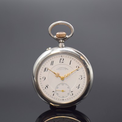 A. LANGE & SÖHNE Glashütte offene Taschenuhr in Silber, Deutschland um 1915, glattes Geh. m. gekürzten Goldscharnieren, 3-tlg. Emailzifferbl. l. ...