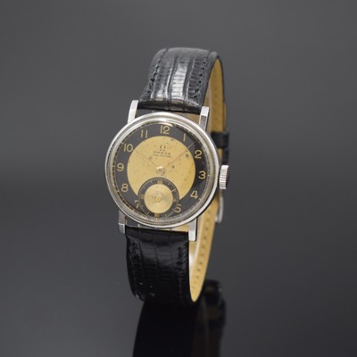 OMEGA Armbanduhr in Stahl Kaliber 30T1, Schweiz um 1940, Handaufzug, 3-tlg. Geh., Boden u. Glasrand aufgedr., silb. Zifferbl. m. schwarz. Ziffernring ...