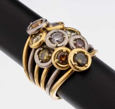 18 kt Gold Diamant-Ring, GG/WG 750/000, 9 Diamanten zus. ca. 3.35 ct in Weiß, Pink, Gelb und Grün/p, (behandelt), RW 58, schwere Qualität, ca. ...