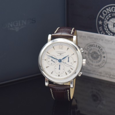 LONGINES Clous de Paris Chronograph in Stahl Referenz L.2.704.4, Schweiz um 2015, Automatik, beids. vergl. Geh., Boden aufgedr., weißes ...