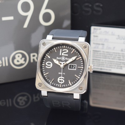 BELL & ROSS BR01-96 Herrenarmbanduhr in Stahl, Schweiz um 2010, Automatik, großes quadrat. Geh., über Lünette 4-fach verschr., schwarz. Zifferbl., ...