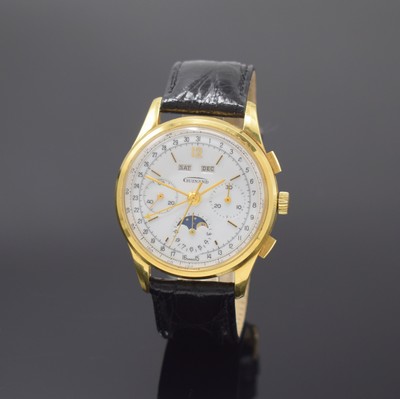 GUINAND Herrenarmbanduhr mit Schaltradchronograph und Vollkalender Kaliber Valjoux 726 in GG 750/000, Schweiz um 1980, Handaufzug, 3-teil. Geh., ...