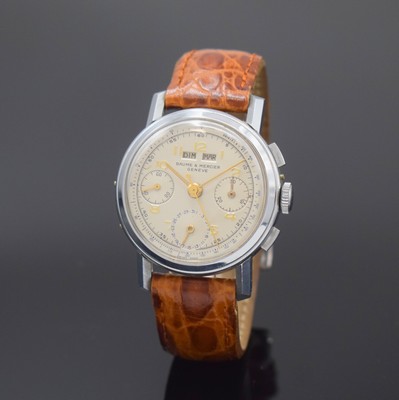 BAUME & MERCIER Armbandchronograph, Schweiz um 1945, Geh. verchr., Edelstahlboden aufgedr., Zifferbl. rest./fl., Vollkalender außer Mondphase, ...