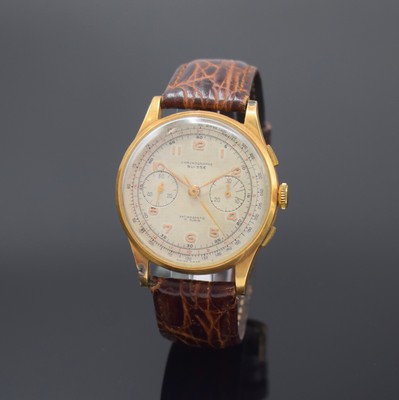 CHRONOGRAPHE SUISSE Herrenarmbanduhr mit Chronograph in RG 750/000, Schweiz um 1950, Handaufzug, 3-teil. Geh. dell., Boden und Glasrand aufgedr., ...