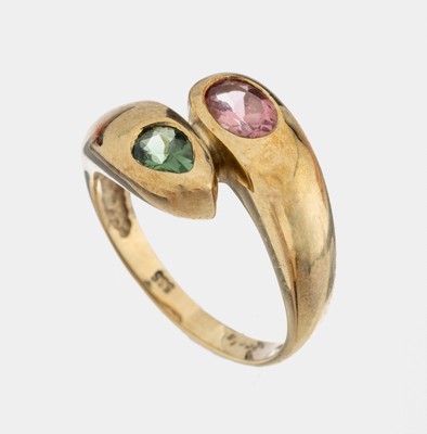 14 kt Gold Turmalin-Ring, GG 585/000, anged. Schlangenring, 1 facett. grüner Turmalintropfen, 1 ovalfacett. pinker Turmalin, RW 54, ca. 5.7 g