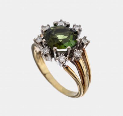 14 kt Gold Turmalin-Diamant-Ring, GG/WG 585/000, rundfacett. Turmalin ca. 2.20 ct, umgeben von 8 in WG gefassten 8/8-Diamanten zus. ca. 0.22 ct ...