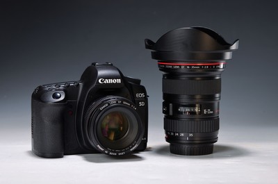 Canon EOS 5D Mark II mit 2 Objektiven, 2008 -2012, Ladegerät fehlt; Funktion nicht geprüft, altersbedingt guter, wenig gebrauchter Zustand; ...
