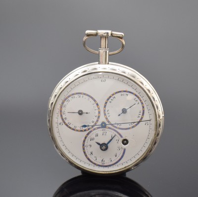Spindeltaschenuhr mit Zentralsekunde, Tag und Datum, Schweiz um 1780, offenes, glattes Geh. m. langem Pendant, im Boden bez. CAR, grav. Lünette, ...