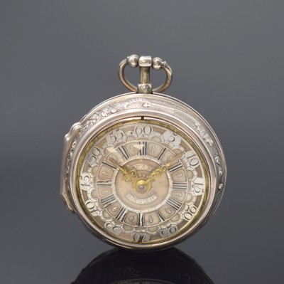 ZASSNER Breslau Spindeltaschenuhr mit emailliertem Repousse Übergehäuse in Silber,um 1760, Schlüsselaufzug, glattes Geh. dell., Übergeh. m. ...