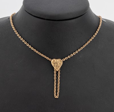 9 kt Gold Collier, wohl England um 1900, GG 375/000, Schieber in Herzform mit ligiertemMonogramm, L. ca. 64 cm, ca. 7.2 g, Herz verbeult