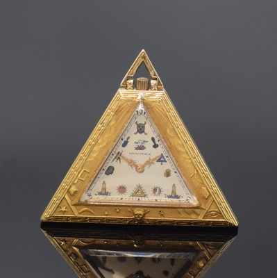 MINIMAX Freimaurer 20 Micron Gold Filled Taschenuhr, Schweiz um 1950, dreieckiges Form-Geh. m. Freimaurer-Symbolik, Glasrand aufgedr., Zifferbl. m. ...