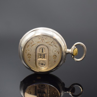 Offene Taschenuhr in Silber mit springender digitaler Anzeige, Schweiz um 1890, Geh. dell., guill. Rückdeckel m. Monogrammspiegel, vers. Zifferbl. ...