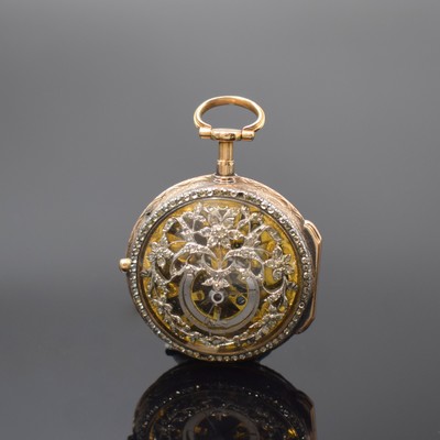 Skelettierte seltene diamantbesetzte Spindeltaschenuhr in Rosegold, um 1780, beids. vergl. Geh. m. großem Außenscharnier, Lünetten vorder- u. ...