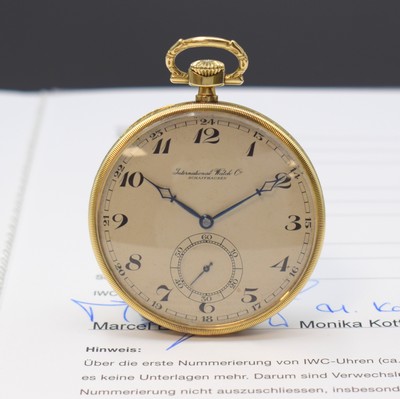 IWC Frackuhr in GG 585/000, Schweiz verk. lt. beil. Stammbuchauszug 12/1929, floral grav. Lépine-Geh., Rückdeckel m. Strahlendekor, Goldcuvette, ...