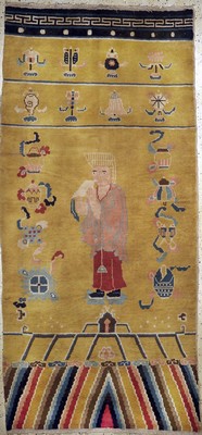 "Tempel-Säulenteppich"antik, China, um 1900, Wolle auf Baumwolle, ca. 300 x 142 cm, Mottenfraß, EHZ: 3