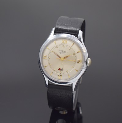 JUNGHANS Herrenarmbanduhr mit Gangreserveanzeige Kaliber 80/12, Deutschland um 1950, Automatik, verchr. Geh., Boden verschr., silb. Zifferbl. m. ...