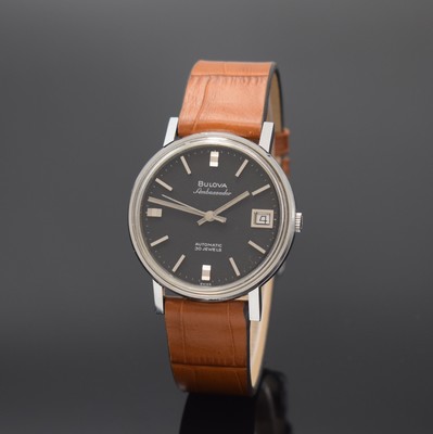 BULOVA Ambassador unpolierte Herrenarmbanduhr mit Mikrorotor-Werk, Schweiz um 1965, Automatik, Monocoque-Geh. in Edelstahl, schwarzes Zifferbl. m. ...