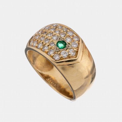 14 kt Gold Smaragd-Brillant-Ring, GG 585/000, rundfacett. Smaragd ca. 0.03 ct, 31 Brillanten zus. ca. 0.35 ct feines Weiß- Weiß/vs, RW 47, ca. 5.6 ...