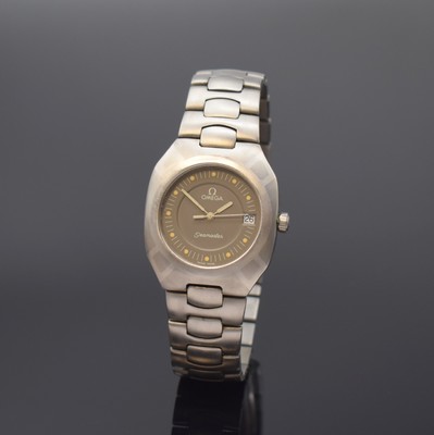 OMEGA Seamaster Polaris Armbanduhr in Titan mit Palladium Intarsie Referenz 196.0291/396.0981, Schweiz um 1985, quarz, Boden gedr., orig. Gliederband ...
