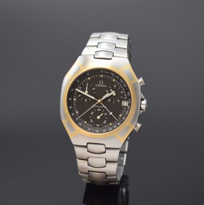 OMEGA Seamaster Polaris Armbandchronograph Referenz 386.1031, Schweiz um 1990, quarz, goldintarsiertes Edelstahlgeh. inkl. Edelstahlgliederband m. ...