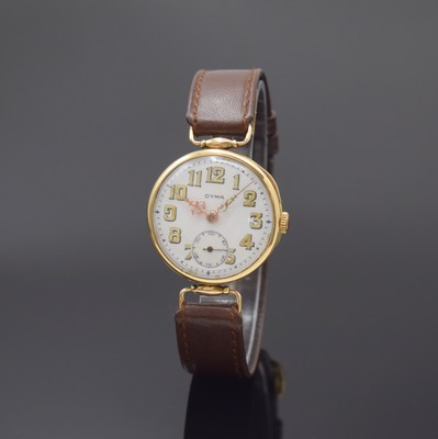 CYMA Armbanduhr in GG 585/000, Handaufzug, Schweiz 1920er Jahre, Geh. m. Scharnierboden altersbed. dell., bewegl. Bandanst., Emailzifferbl. m. arab. ...